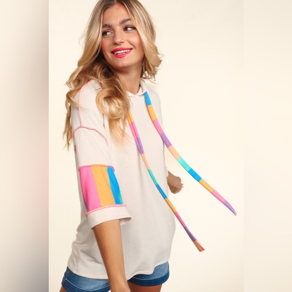 Haptics Tops - Haptics by Holly Harper MULTICOLOR STRIPE PRINT FRENCH TERRY PULLOVER HOODIE